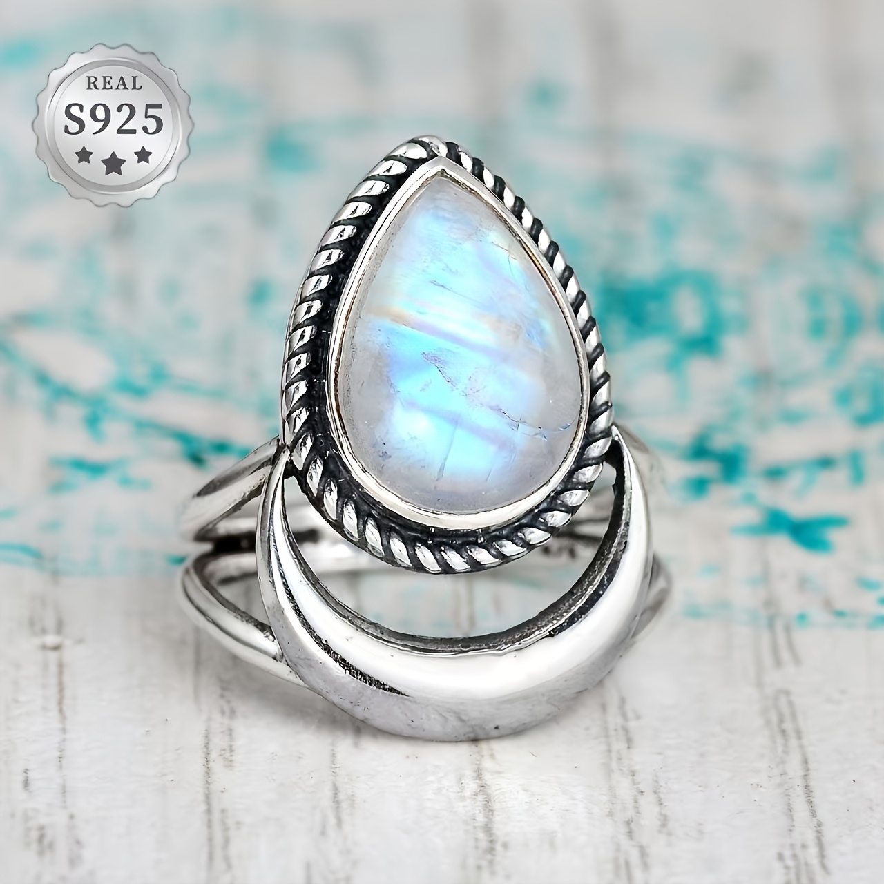 Vintage S925 Large Drop Opal Moon Ring, Fashion Statement